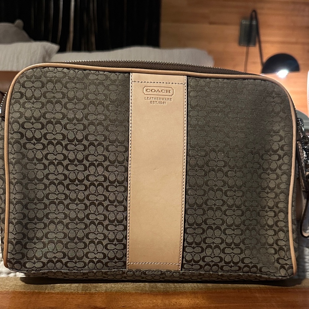 Coach Signature Canvas and Tan Leather Toiletry Bag